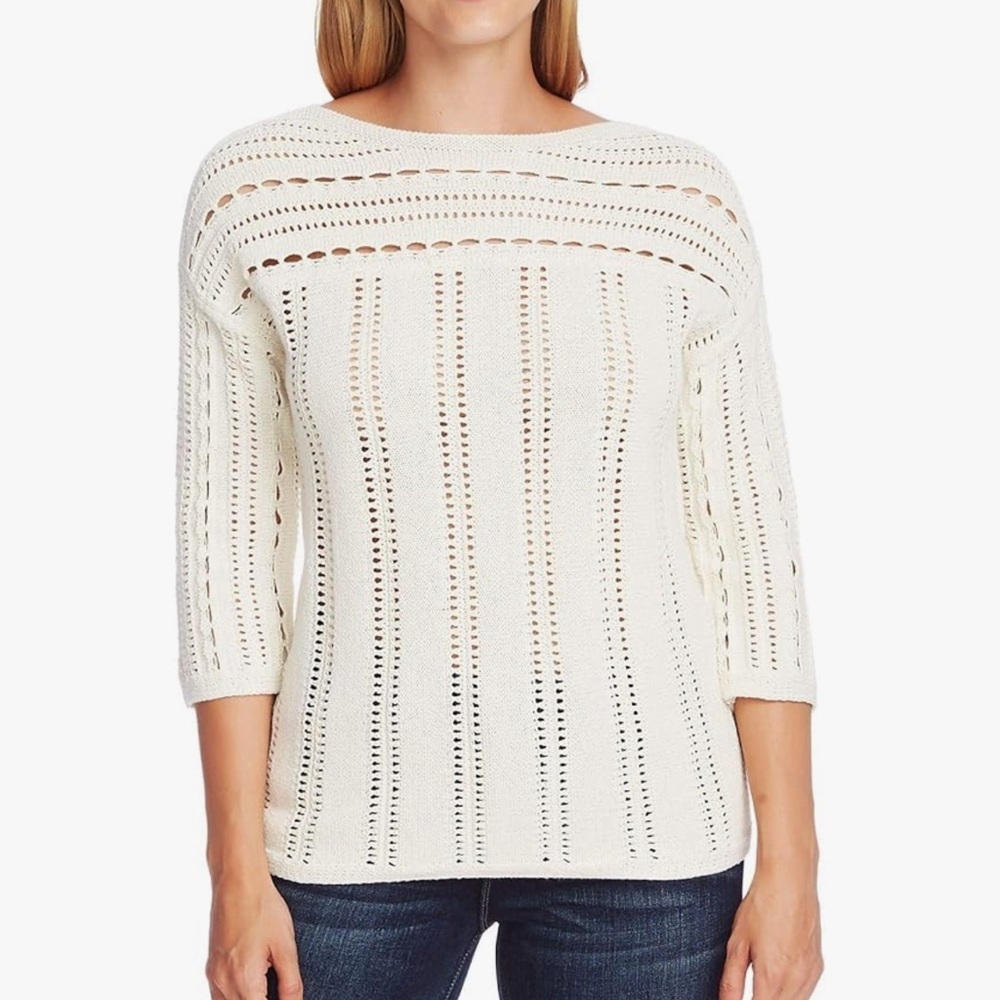 Vince Camuto Sweater Pointelle Open Knit Boat Neck Women‎ Ivory Sz M
